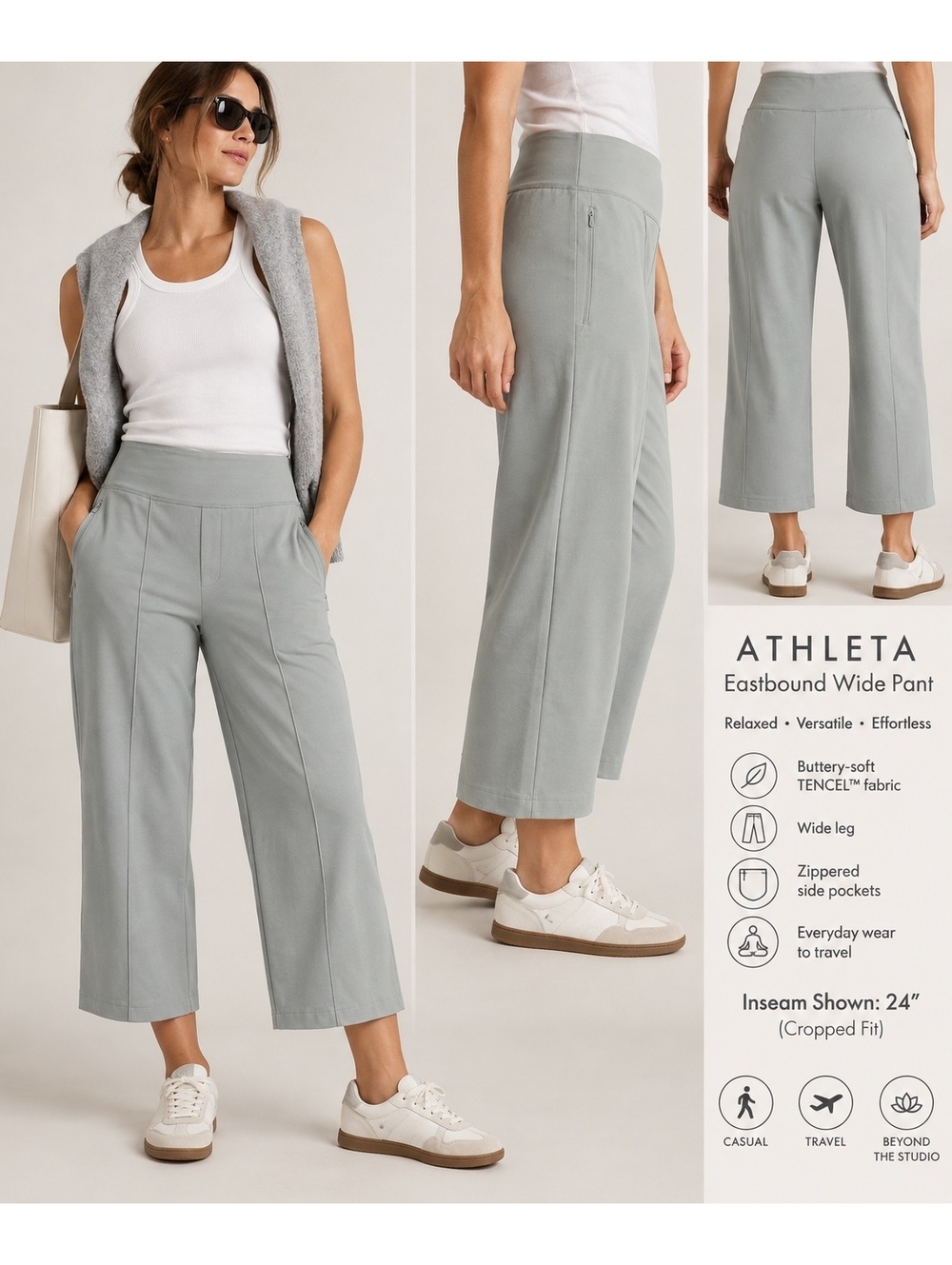 Athleta Eastbound Wide Pants Size 10 24” inseam Coastal Green Cropped Pull On